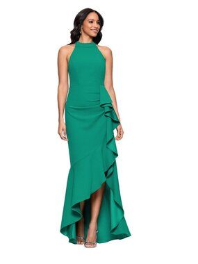 Betsy & Adam Green Sleeveless High-Low Ruffle Gown Halter Neckline
